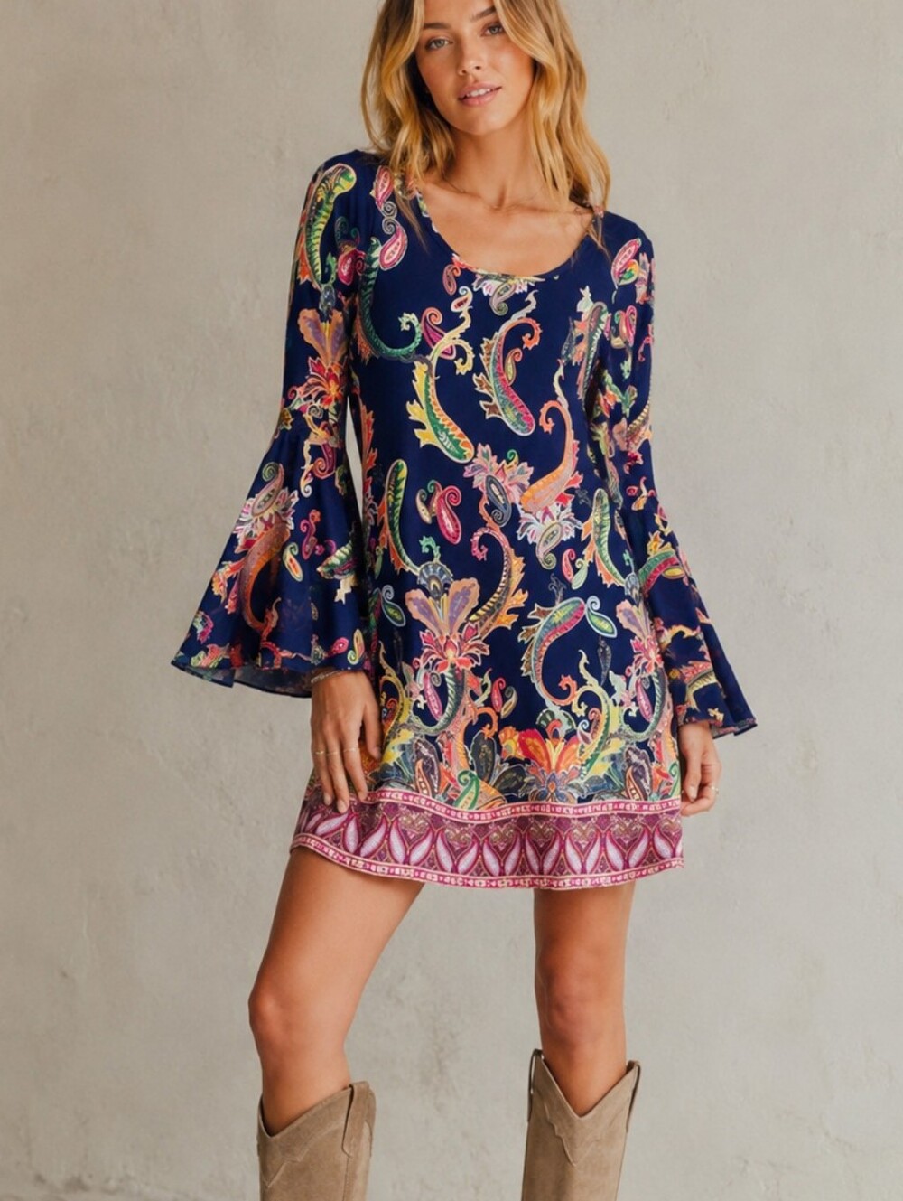 Haani Paisley Print Bell Sleeve Dress Size Small Boho Chic‎ Navy Multicolor